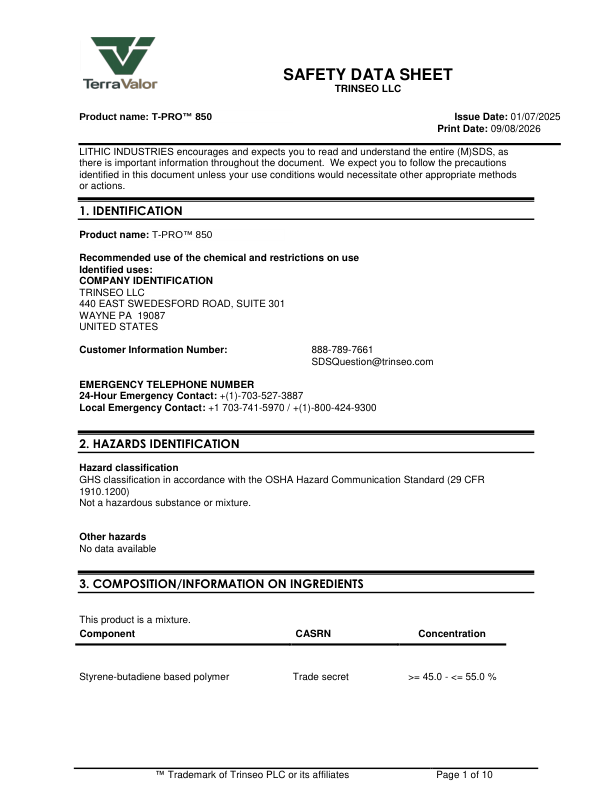 T-PRO 850 Safety Data Sheet PDF preview